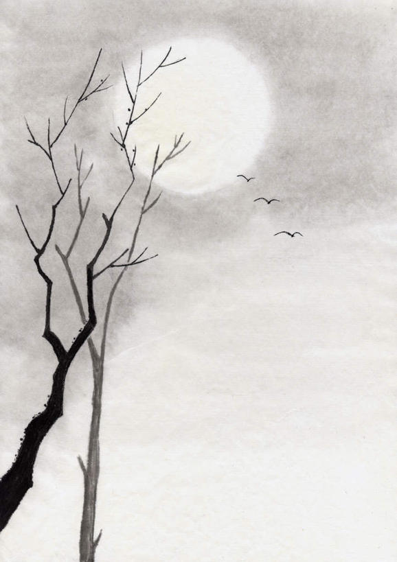 无人,竖图,全景,黑白,室内,白天,正面,绘画,美景,太阳,天际线,植物,鸟,两棵,三只,艺术,大雁,鸟类,景观,枝条,古典,文化,树,树干,树木,树枝,绿色,天空,自然,工艺品,天,品味,景色,生长,成长,美术,高雅,自然风光,国画,水墨画,美学,水墨