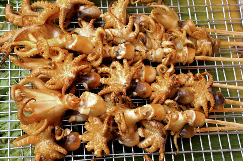海鲜,无人,横图,俯视,室内,特写,白天,烧烤,章鱼,一排,整齐,并列,并排,烤架,烤肉,水产,竹签,海洋生物,排列,铁架,石吸,死牛,望潮,坐蛸,队列,水生动物,海产品,平行,水生物,海底动物,取食签,石居,八爪鱼,彩图,高角度拍摄