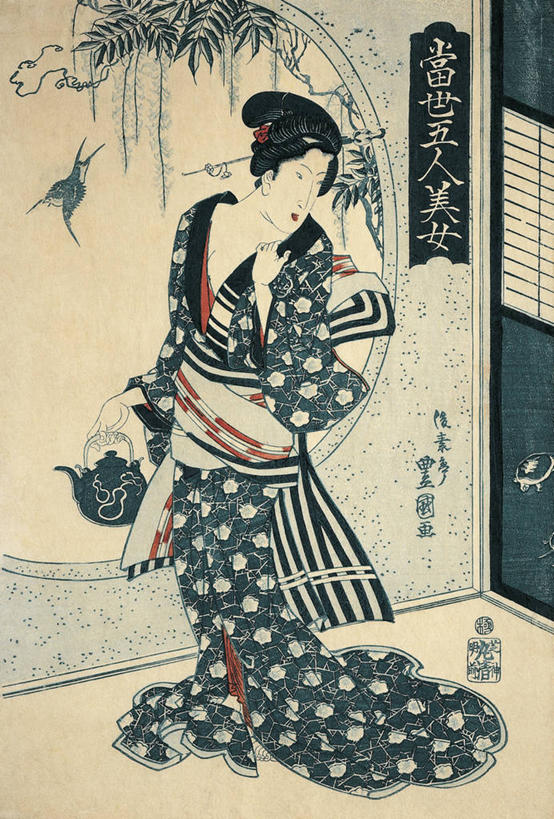 一个人,站,竖图,插画,正面,绘画,数码,科技,窗户,日本,亚洲,仅一个年轻女性,仅一个女性,仅一个人,阴影,和服,日本文化,艺术,网络,日文,鸟类,文字,高光,几何,计算机图形,古典,合成,图画,拿着,文化,饮食,画,茶壶,工艺品,品味,美术,电脑合成图,数码合成图,高雅,合成图,发髻,漫画,写实,具体,具象,美学,年轻女性,女人,女性,年轻人,彩图,传统服装,传统文化,江户时代