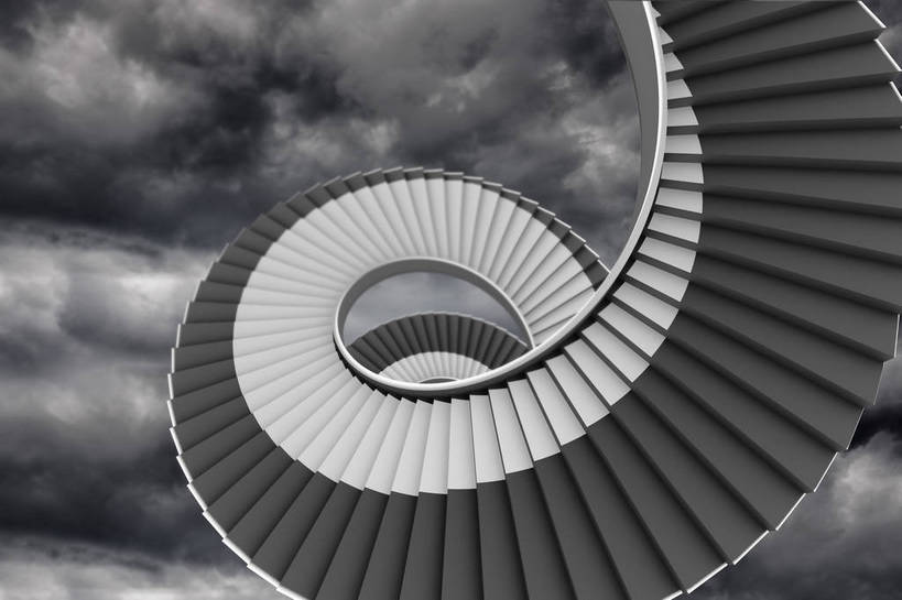 无人,栏杆,横图,室内,白天,正面,数码,科技,楼梯,阴影,网络,扶手,阶梯,乌云,云,阴天,云朵,高光,几何,计算机图形,合成,云彩,护栏,台阶,天空,天,电脑合成图,数码合成图,昏暗,阴沉,合成图,写实,具体,具象,螺旋状,彩图,螺旋形,螺旋形状,螺旋型